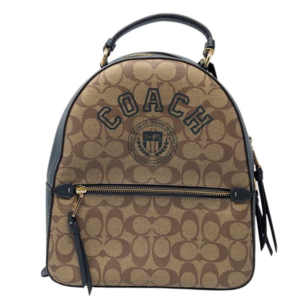 Coach Signature Canvas Backpack Brown Green Varsity Logo Leather Trim